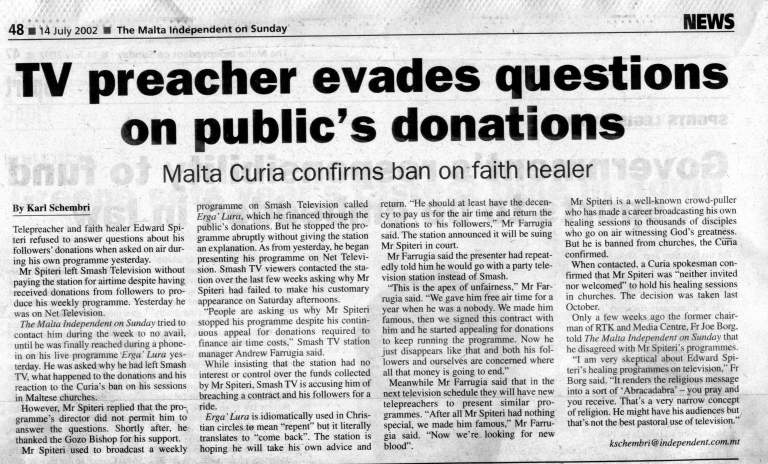 Curia Confirms Faith Healer Ban (TMI)
