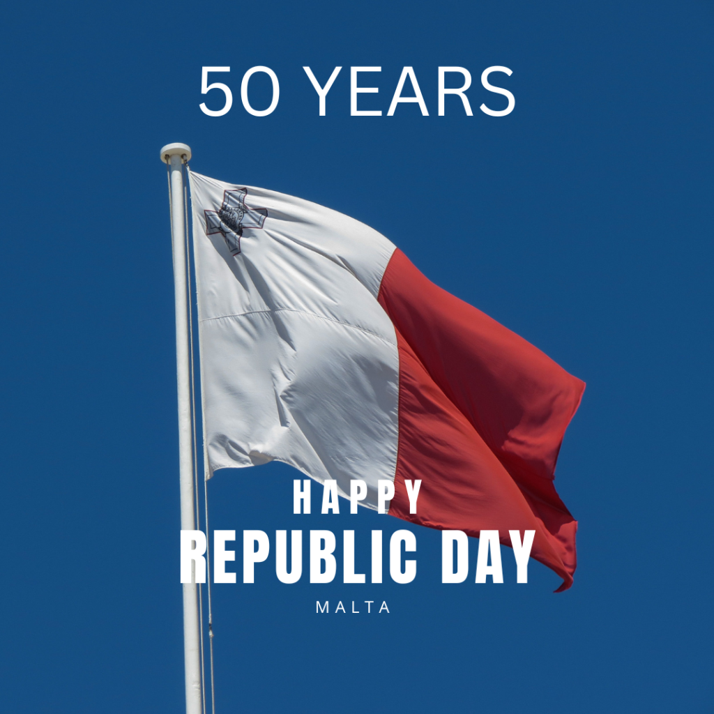 Maltese flag with text 50 years and happy republic day